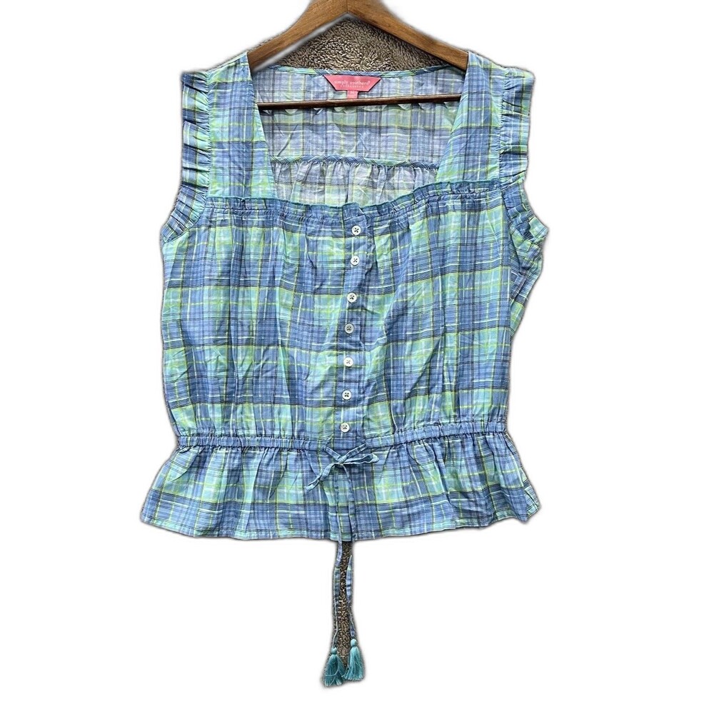 Womens Simply Southern Plaid Sleeveless Peplum Shirt Blue Green M Cotton